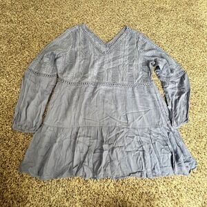 Indigo Thread Co Blue Embroidered V Neck Long Sleeve Tiered Mini Dress Women L‎